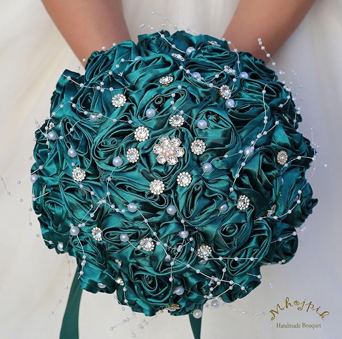 Bridal Wedding Bouquet Round Bling Brooch Bouquet Throw Toss Artificial Rose Flower Bunch for Bride Bridesmaid Wedding Quinceanera(Dark Green, 8.7")