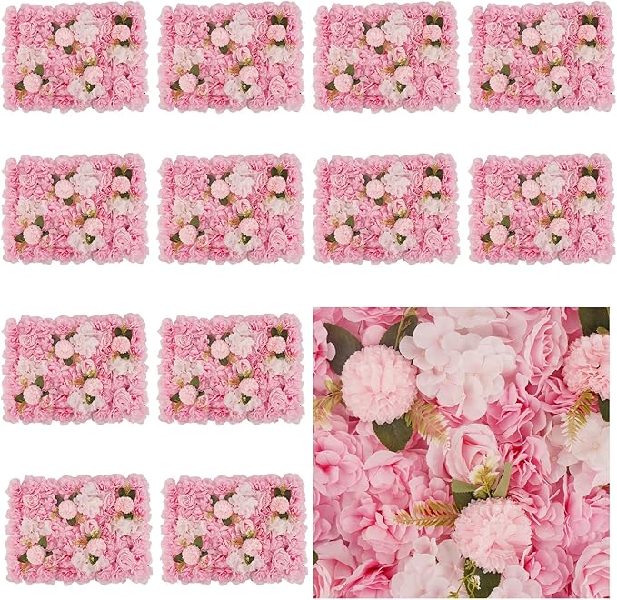 12PCS Artificial Flower Wall Panel - 16 x 24 inch 3D Flower Wall Backdrop Decoration Pink Roses Wall for Home Party Wedding Anniversary Birthday Photo Arrangement