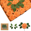 Artificial Flowers 50Pcs Orange Roses Real Looking Foam Fake Roses with Leaves for DIY Wedding Bouquets Bridal Shower Centerpieces Party Decorations (Orange, 50)