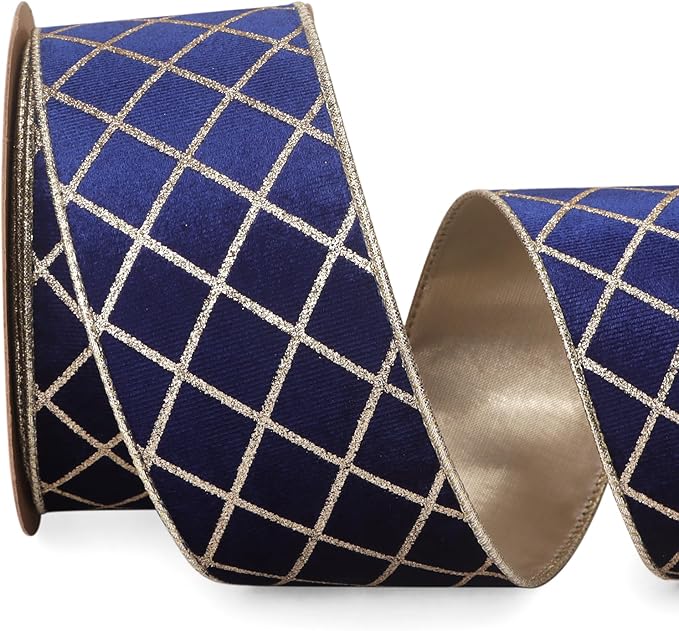 Ribbli Navy Blue Velvet Ribbon Wired with Glitter Diamond Grid 2-1/2 Inch Christmas Ribbon for Christmas Tree Decoration Big Bow Gift Wrapping Crafts Wreaths Garland Supplies - 10 Yards