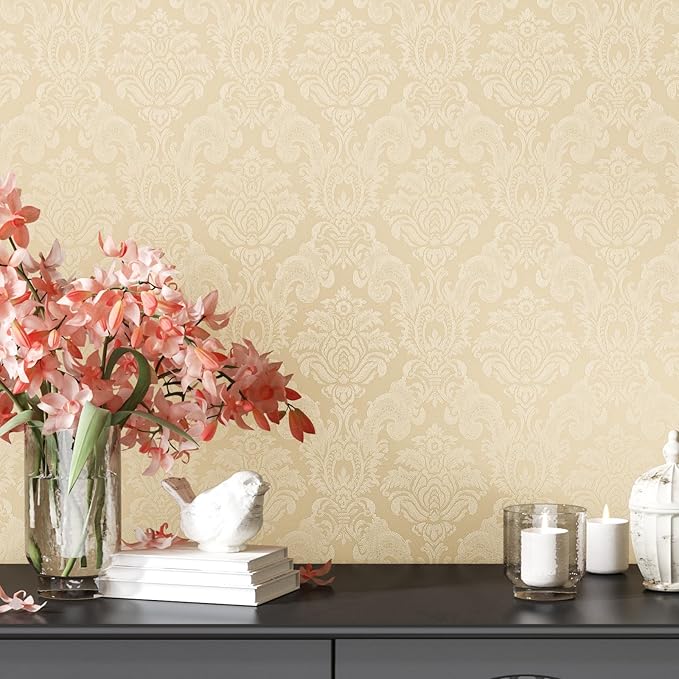 Beige Floral Peel and Stick Wallpaper Textured Vintage Damask Floral Wallpaper 15.7"x118" Self Adhesive Removable Beige Contact Paper for Cabinets Waterproof Vinyl Roll for Bedroom Bathroom