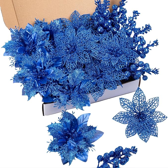 24Pcs Christmas Poinsettia Artificial Flowers and Glitter Berries Kit, 2 Styles Total 16Pcs Christmas Tree Flowers Ornaments, 8Pcs Christmas Tree Picks for Wedding Holiday Decorations, Baby Blue