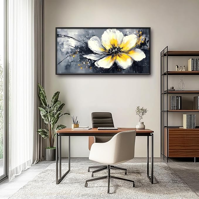 Abstract Flower Large Wall Art Framed Wall Decor for Living Room Black and White Floral Pictures Oversized Canvas Print Painting Modern Extra Large Artwork for Bedroom Office Home Decor 60"x30"