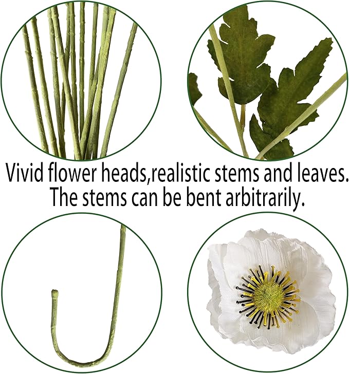 ATFL White Poppy Flowers Artificial for Wedding Decorations,12 Pcs Fake Faux Silk Poppies Bulk for Home Decor Table Centerpieces Floral Arrangement (23.5‘’, White)