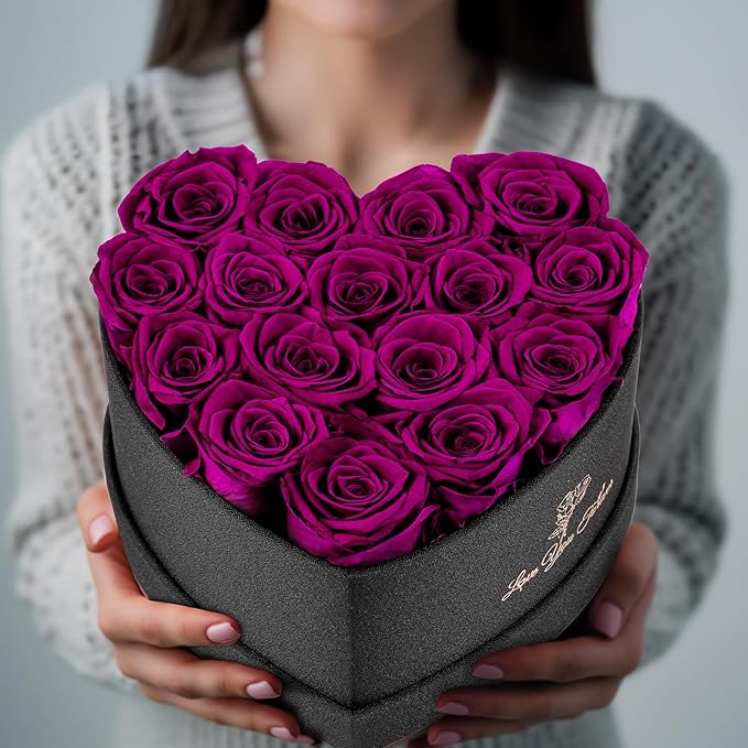 Forever Flowers, 16 Purple Preserved Rose in Heart Shape Box for Delivery Prime,Gifts for Women Grandma Wife Sisiter, Eternal Rose Box Rose Gifts for Mom Birthday
