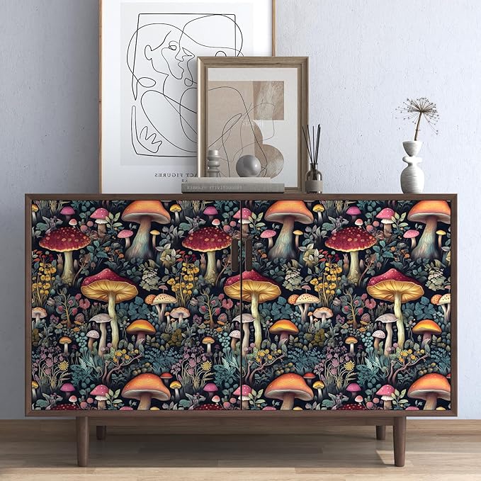 Wallpaper Peel and Stick Vintage Mushroom Contact Paper Floral Wall Paper for Shelf Liner Cabinet Bedroom Removable Waterproof Black Colorful 17.5 x 393.5In
