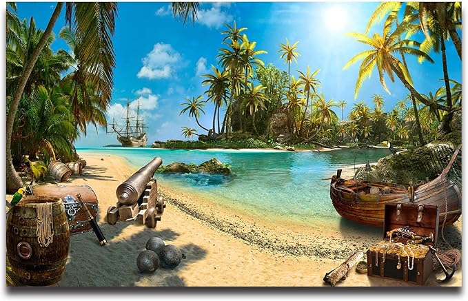 Cliouar-Wall Mural Wallpaper for Bedroom Living Room 3D Wallpaper Decoration Pirate Ship Treasure 155" x 103" (Not Self-Adhesive)