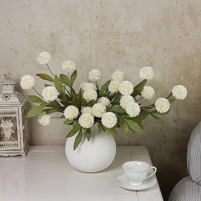 12 Pcs Faux Silk Pompon Mum Artificial Flowers for Vase -27", Bulk Fake Chrysanth Branches with Stems for DIY Bouquet Centerpieces Wedding Fillers Arrangements Shower Decorations (Cream)