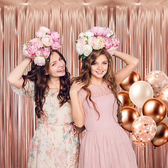 GOER 3.2 ft x 8.2 ft Metallic Tinsel Foil Fringe Curtains Party Photo Backdrop Party Streamers for Birthday,Graduation,New Year Eve Decorations Wedding Decor (5 Pcs,Matte Rose Gold,Thick Material)