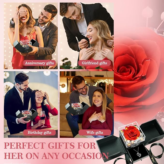 Preserved Real Roses with Heart Necklace I Love You in 100 Languages, Romantic Anniversary Christmas Gifts for Wife Girlfriend, Forever Roses Necklace Gifts