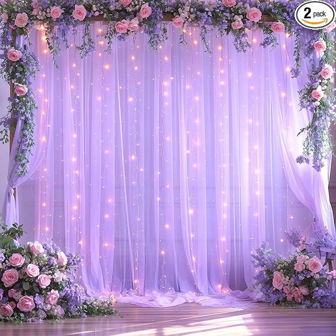 10ft x 10ft Lavender Tulle Photo Backdrop Curtain with Lights String for Parties Wedding Bridal Shower Sheer Lavender Curtain Backdrop for Birthday Baby Shower Photo Booth Photography