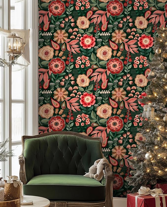 HAOKHOME Peel and Stick Wallpaper Boho Vintage Dark Floral Wall Paper Cottagecore for Bedroom Bathroom Accent Wall Green/Red/Cream 17.3in x 9.8ft