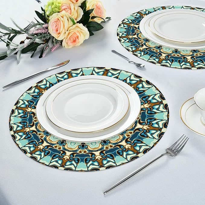 Mandala Round Placemat Set of 6 Elegant Linen Table Mats for Dining, Heat Resistant, Stain Resistant Perfect for Dinner Parties, Restaurants, and Everyday Use