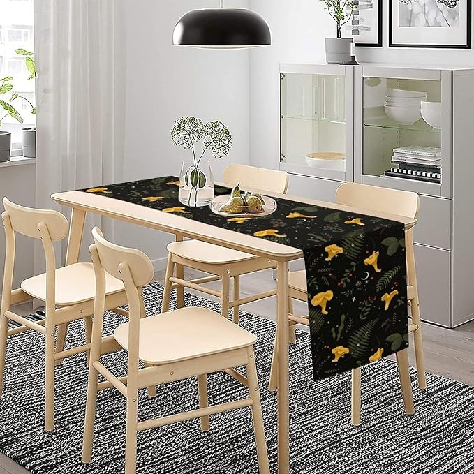 Magical Forest Table Runner, Rustic Country Wild Yellow Mushrooms Plants Botanical Herbs Print Table Runner for Holiday Farmhouse Kitchen Dining Table Decor, 13x120inch