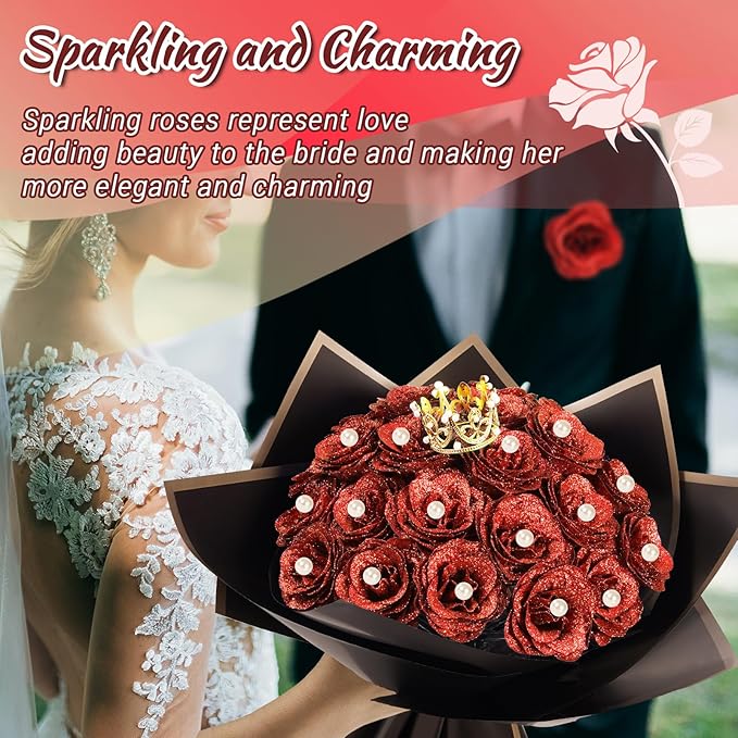 25 Pcs Red Glitter Roses Bouquet,DIY Artificial Bouquet of Shiny Red Faux Rose Flowers Bouquet with Stem Pearl Crown for Wedding Bouquet Centerpiece Floral Arrangement Bride Shower Party Home Decor