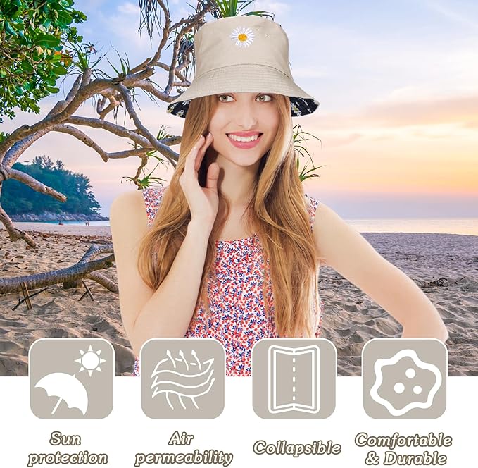 Sun Hat for Women Bucket Hat Cotton Reversible Summer Travel Beach Fishing Cap