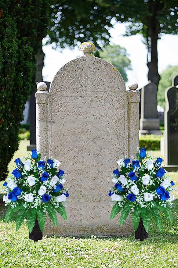Artificial Cemetery Flowers, Gravesite Decoration Roses, Memorial Bouquets with Cemetery Vase, Vibrant and Long-Lasting Colors (Dark Blue+White, 2 Bundles)