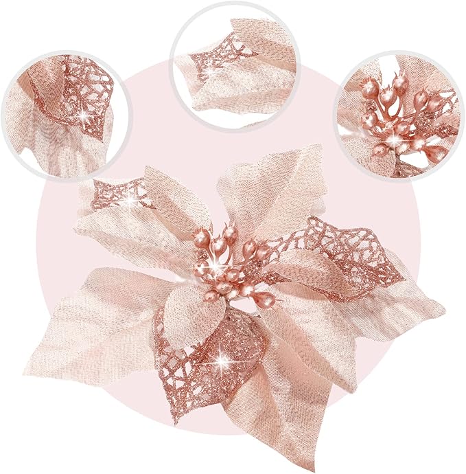 Boao 24 Pieces Christmas Artificial Glitter Poinsettia Flowers Xmas Flowers Wedding Christmas Tree New Year Ornaments(Rose Gold)