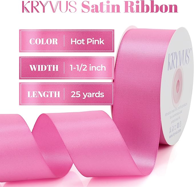 Hot Pink Satin Ribbon, Double Faced 1-1/2 Inch X 25 Yards Hot Pink Ribbon, Premium Satin Ribbons for Gift Wrapping, Crafts, Hair Bow Making, Sewing, Flower Bouquet, Wedding Party Decor