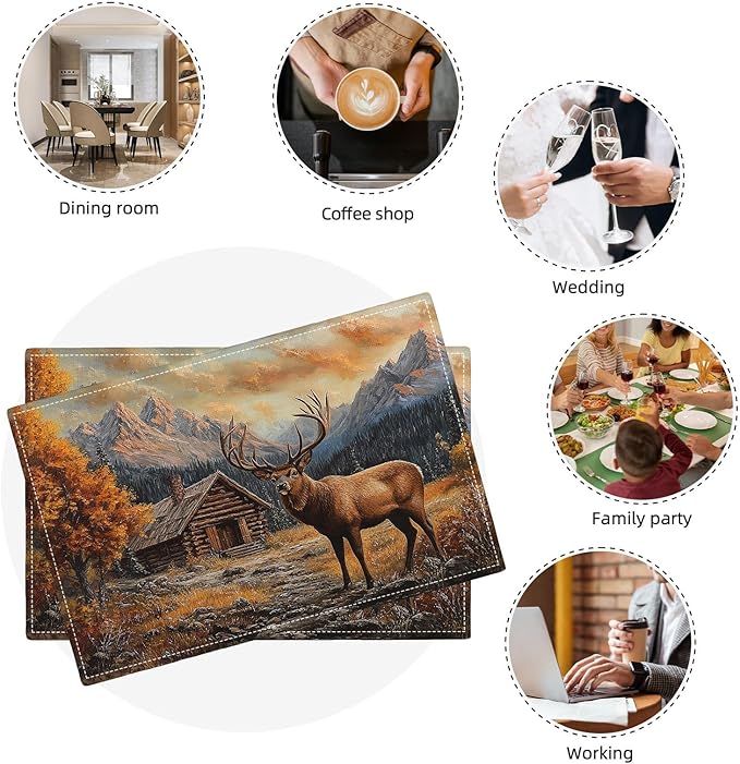Farmhouse Deer Placemats Set of 6, Country Natural Place Mats, Rustic Forest Lodge Elk Wildlife Dining Table Mats, Washable Placemats for Kitchen Dining Room 18L'' × 12W''