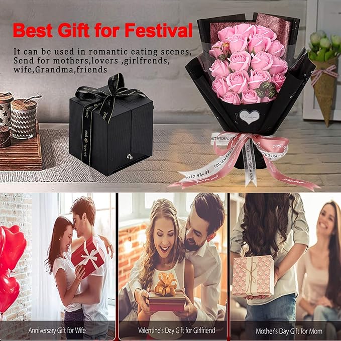 EIGHTOWN Roses Bouquet Artificial Flower - Preserved Pink Rose Flowers with Love Necklace for Her - Unique Gifts Valentine's Day, Mother's Day, Thanksgiving, Birthday, Anniversary