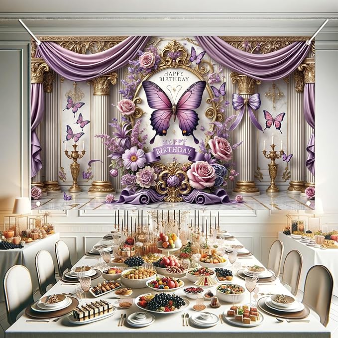 Floral Birthday Backdrop Banner for Girls Spring Butterfly Happy Birthday Photography Background Pink Flower Blossom Plant Pastel Lovely Princess Banner Photo Booth Studio 70.8 x 43.3 Inch