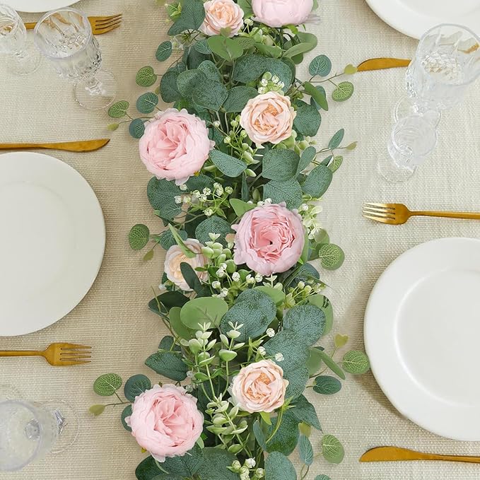 SOMYTING 2 Pack 13FT Flower Garland, Artificial Rose Vine Fake Flower Garland Silk Rose Peony Hanging Vine Faux Floral Garlands for Wedding Party Arch Table Wall Backdrop Decoration (Light Pink, 2PCS)