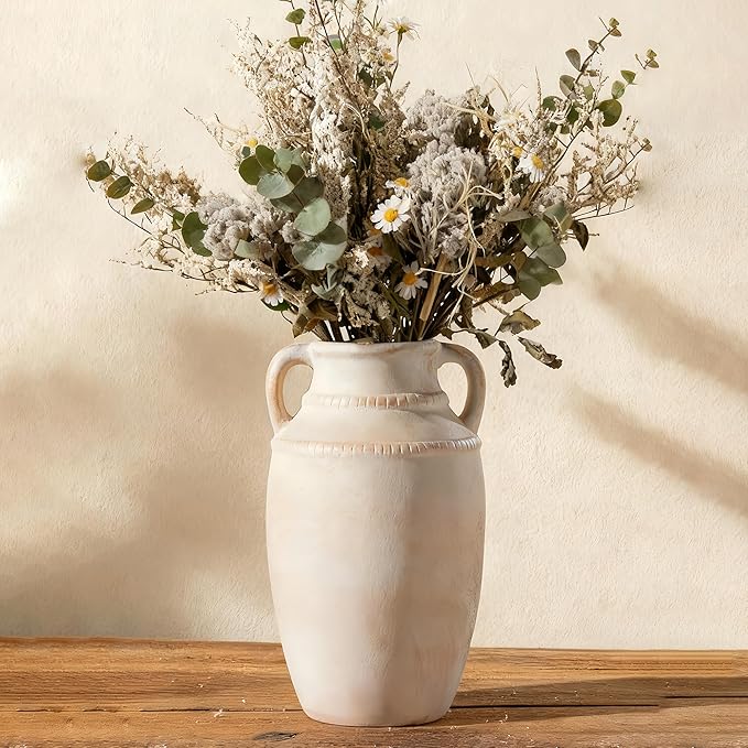 Beige Ceramic Vase with Handles, 10.5 Inch Boho Modern Aesthetic Textured Table Vases for Anthropologie Home Decor Centerpieces (Cream Beige White)