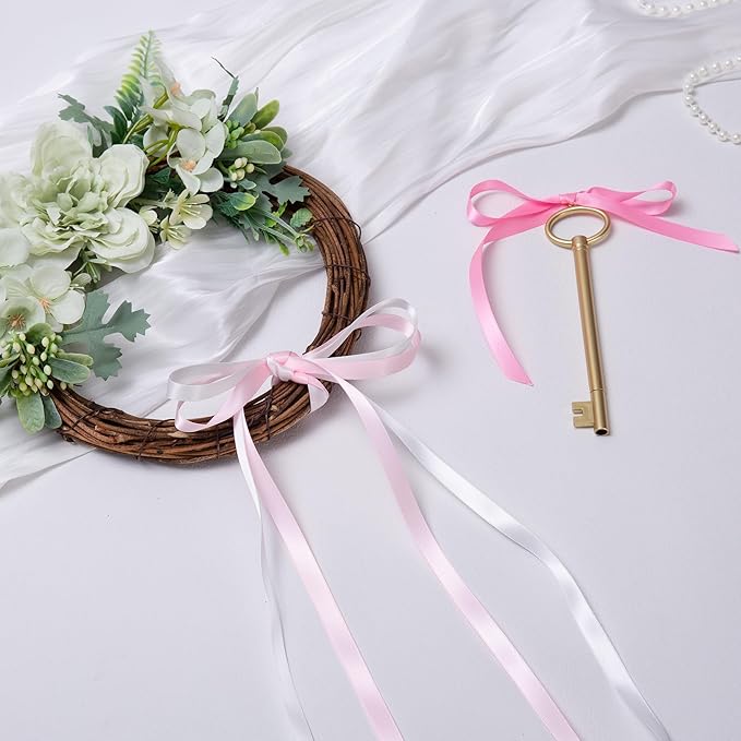 Pink Double Face Satin Ribbon 3/8 Inch x 45 Yards White Fabric Ribbon for Gift Wrapping, Flower Bouquets, Hair Bows Making, Wedding Decoration, Invitation Cards, Christmas (3 Rolls *15Yd)