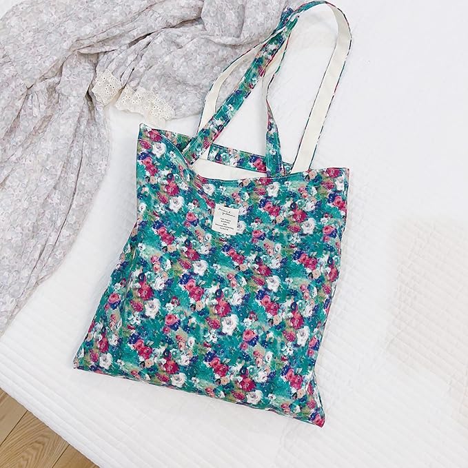 Cotton Canvas Tote Bag Reusable Soft Grocery Cloth Bag Floral Shoulder Bag for Beach Travel Shopping