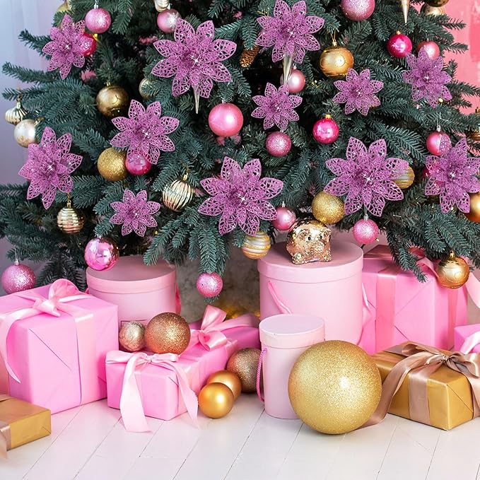 Boao Light Purple 24 Pieces Poinsettia Flower Christmas Glitter Artificial Poinsettia with Clips Christmas Tree Ornament Decorations for DIY Xmas Wreath Holiday Home Party Decor, 3/4/6 Inches