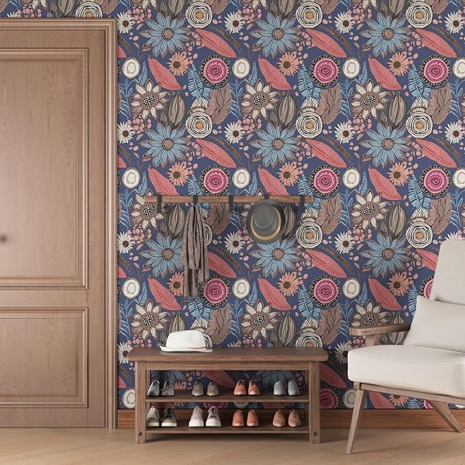 Blue Pink Wallpaper Peel and Stick,Vintage Boho Floral Contact Paper 17.5" x 393", Retro Antique Botanical Flowers Wall Paper Self Adhesive Removable Waterproof for Bathroom Shelves Cabinet Table