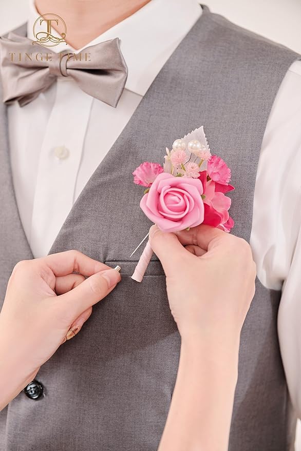 TINGE TIME Boutonniere for Men Wedding,Groom and Best Man Boutonniere for Wedding Ceremony Anniversary, Formal Dinner Party and Rustic Spring Wedding Marriage (10, HotPink)