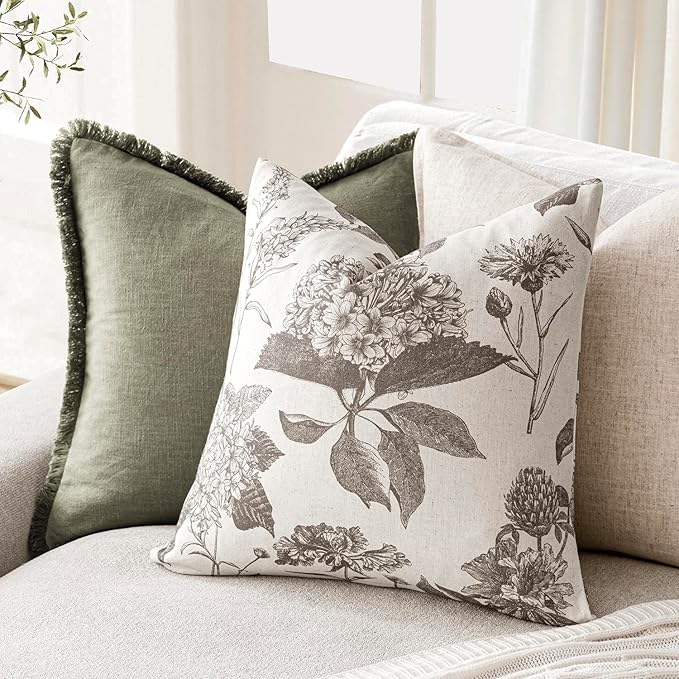 Foindtower Set of 2 Linen Floral Throw Pillow Covers Vintage Accent Print Decorative Cushion Covers Farmhouse Boho Home Decor for Sofa Chair Couch Bedroom Living Room,24×24 Inch,Light Gray