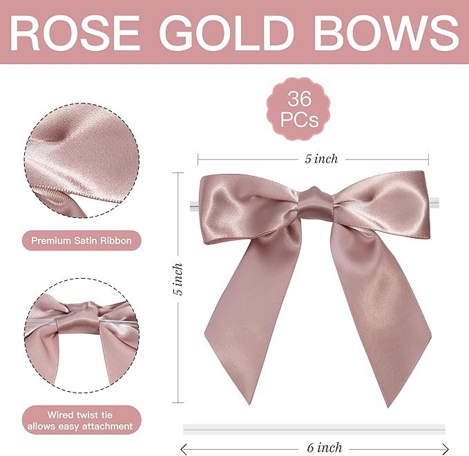 Dusty Rose Satin Ribbon Twist Tie Bows 5 Inch Pre-Tied Dusty Pink Gift Bows for Crafts, Treat Bags, Party Favors, Wedding, Baby Shower, Candy Apple, Christmas Tree (36 Pack)