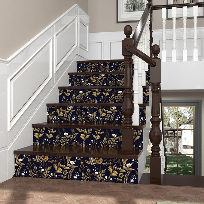 Extra Long Dark Navy Vintage Floral Wallpaper 17.5In x 393In Boho Peelable Contact Paper Botanical Wall Paper Waterproof Stick on Backsplash Bedroom Cabinet Drawer Deep Blue Yellow Gold