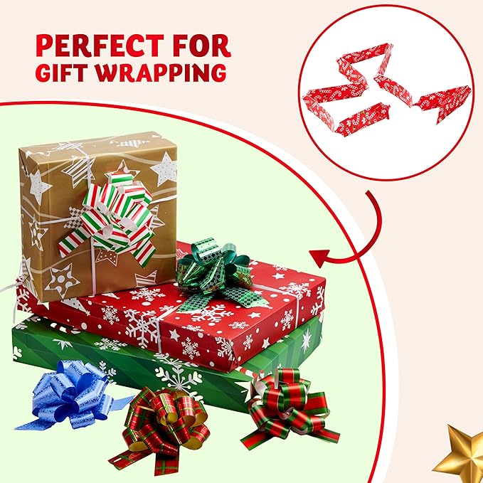 JOYIN 24 PCS Christmas Wrap Ribbon Pull Bows (5" Wide); Easy and Fast Gift Wrapping Accessory for Presents, Bows, Baskets, Wine Bottles Decoration, Xmas Gift Wrapping and Decoration Present