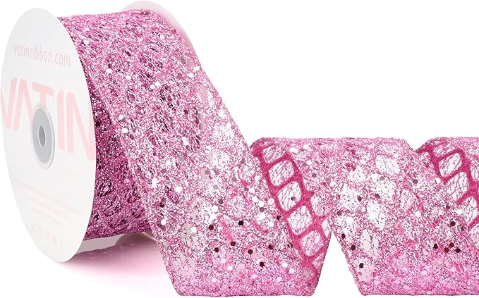 VATIN 2-1/2" Pink Christmas Ribbon, Pink Glitter Mesh Diamond Web Sequin Dots Wired Christmas Ribbon for Gift Wrapping Bow Making Wreath Supply-10 Yards