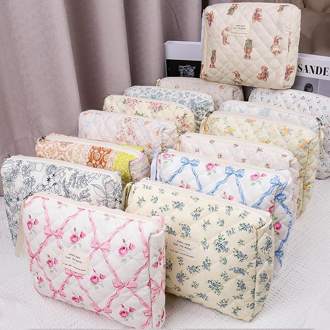 Floral Makeup Bag, Small Cosmetic Bag for Women Girls, Cute Cotton Makeup Bag, Quilted Makeup Bags, Flower Travel Toiletry Organizer Bag(Navy Blue)