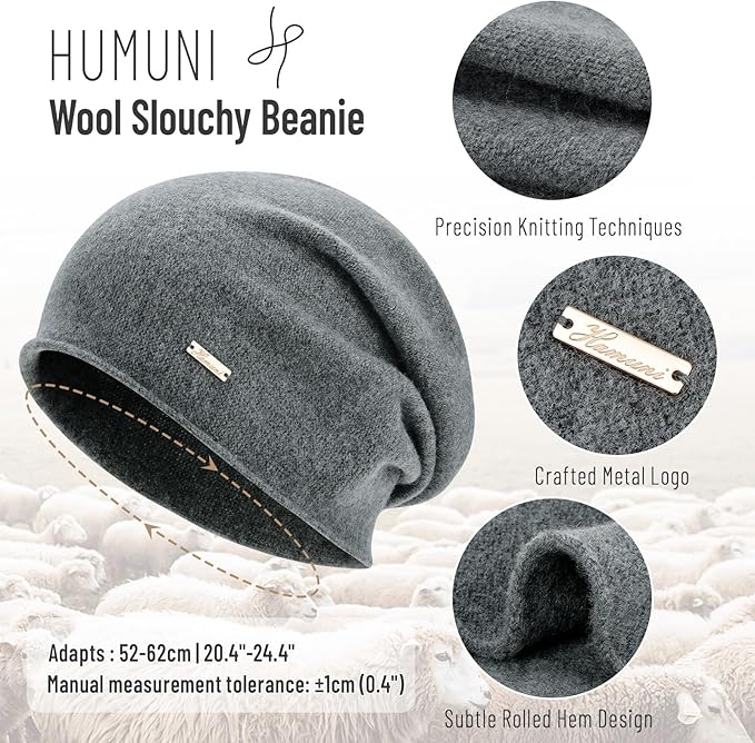 100% Wool Slouchy Beanie, Warm Beanie Hats for Women Breathable Knitting Skull Beanies Cap for Spring Fall Winter