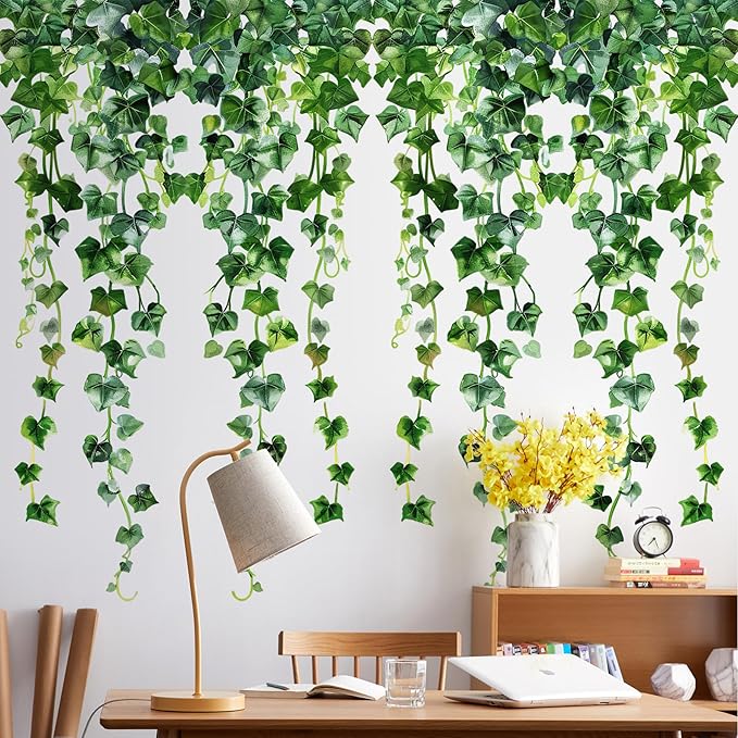 Green Plants Leaves Wall Decals Hanging Vine Wall Stickers Fresh Green Leaf Wall Art Removable Nature Botanical Vine Branches Leaves Murals for Kids Bedroom TV Background Home Decor 91