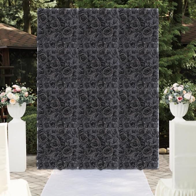 12PCS Artificial Flowers Decoration, Flower Wall Panels, Black Flowers Wall, Stage Background Artificial Flowers Decoration, Silk Rose Flower Panels, Use for Party, Anniversary