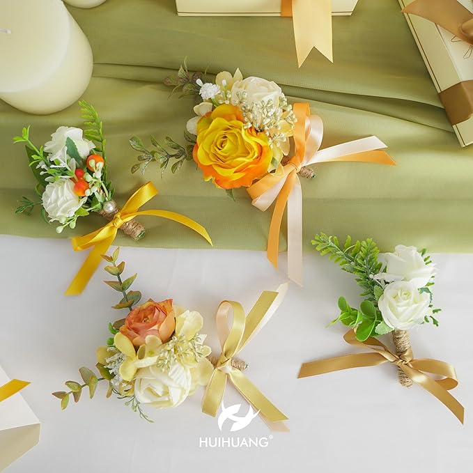 HUIHUANG Thin Satin Ribbon 3/8 inch - 5 Rolls Total 50 Yards Assortment Champagne, Golden Yellow, Vegas Gold & Pale Gold for Gift Wrapping, Craft & Decorations
