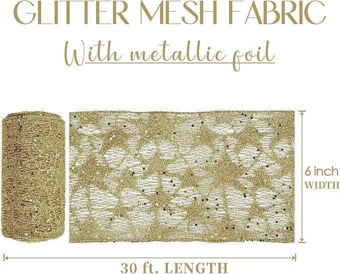 MEEDEE 6 Inch Wide Wired Ribbon Gold Glitter Mesh Web Wired Edge Ribbon by 10 Yards Roll Gold Mesh Wired Ribbons for Christmas Tree, Garland, Holiday Crafts, Wreaths, Bows, Centerpiece, Gift Wrapping