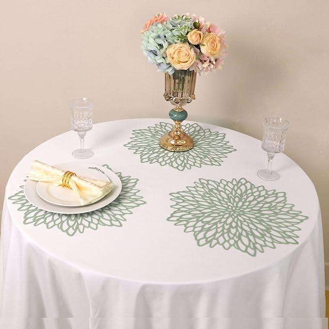 Snowkingdom Sage Green Placemats Set of 8, Round Pressed Vinyl Leaf Washable Place Mats 15 Inch Dinning Floral Table Mats for Wedding Birthday Baby Shower Easter Christmas Holiday Party Decorations