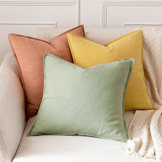 MIULEE Decorative Linen Pillow Covers 18x18 Inch Yellow Boho Farmhouse Neutral Couch Throw Pillows for Bed Pack of 2 Accent Modern Pillowcase Summer Sofa Livingroom Home Decor