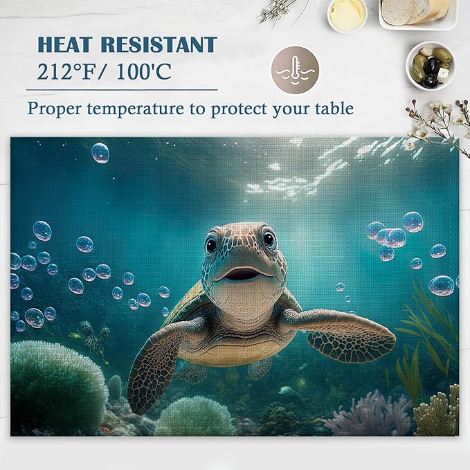 Sea Turtle Placemats Set of 4, Waterproof Place Mats Non-Slip Washable Table Mats Set for Kitchen Dining Holiday Party Wedding Decor 12x18 Inch