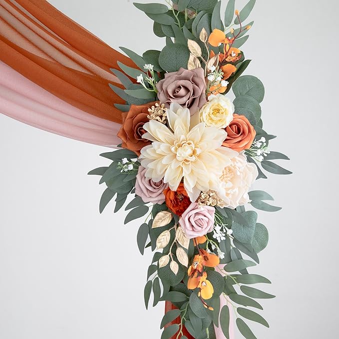 ponatia Artificial Burnt Orange Wedding Arch Flowers Kit with 2PCS Shiny Arch Chiffon Fabric, Dusty Rose Flowers for Wedding Welcome Signs Decorations and Arch Flowers for Wedding Ceremony Reception