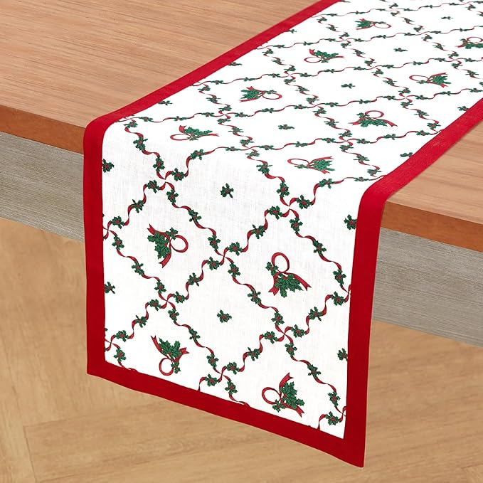 Solino Home 100% Pure Linen Christmas Table Runner 108 Inches Long - Red and Green Table Runner 14 x 108 Inch - Handcrafted and Machine Washable - Holly Ribbon Print