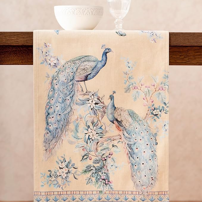 Maison d' Hermine Tablerunners 100% Combed Cotton Premium Table Runner Decorative Table Cover, Home, Kitchen, Dining, Peacock Utopia - Sandy Beach, Double Layer - (14.5"x108")